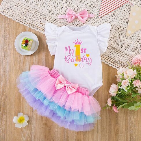 Winmany Baby Girl First Birthday Outfit 3PCS Bow Headband My 1st Birthday Romper Tutu Skirt Set for Cake Smash Photo Shoot in Kuwait