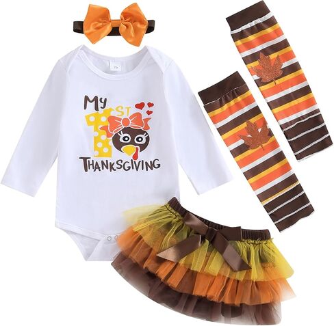 My First Thanksgiving Day Baby Girl Outfit Turkey Shirt Onesie Romper+Tulle Tutu Skirts+Leg Warmers 4Pcs Set in Saudi Arabia