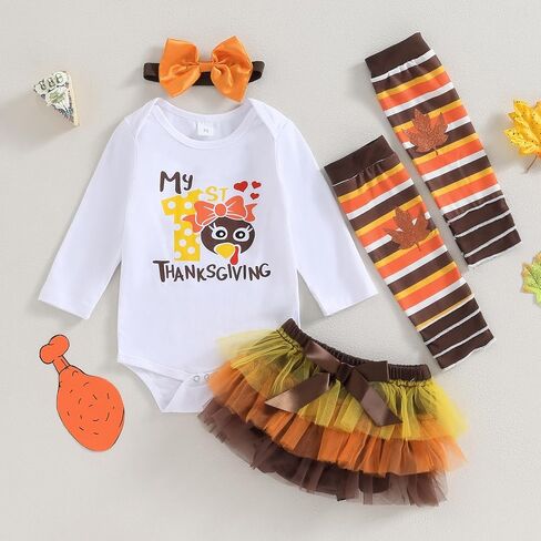 My First Thanksgiving Day Baby Girl Outfit Turkey Shirt Onesie Romper+Tulle Tutu Skirts+Leg Warmers 4Pcs Set in Saudi Arabia
