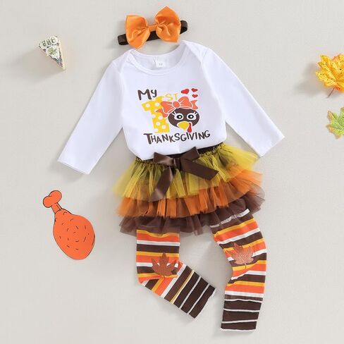 My First Thanksgiving Day Baby Girl Outfit Turkey Shirt Onesie Romper+Tulle Tutu Skirts+Leg Warmers 4Pcs Set in Saudi Arabia