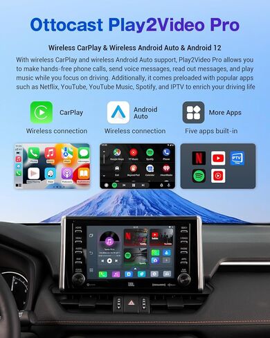 محول فيديو الوسائط المتعددة من Ottocast Play2Video Pro - محول سيارة CarPlay Android Auto اللاسلكي مدمج في Youtube Netflix، CarPlay Video Streaming AI Box يدعم الوسائط المتعددة USB، سهل الإعداد، التوصيل والتشغيل in Kuwait