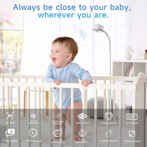 Instababy Smart Baby Monitor with Floor Stand, 2K Crib Camera with AI Breathing Monitor, No Wearables WiFi Baby Camera, Night Vision, Baby Sleep Tracker, Cry & Motion Alerts, Diaper & Feeding Record in Saudi Arabia