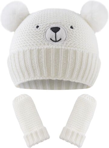 JANGANNSA Cute Bear Baby Beanie Pompom Baby Boys Hat Infant Toddler Winter Knitted Beanies for Girls in Kuwait