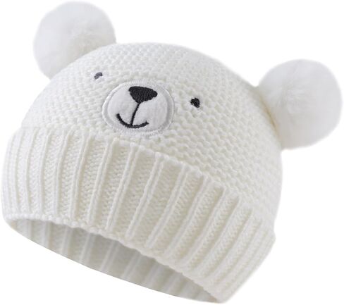 JANGANNSA Cute Bear Baby Beanie Pompom Baby Boys Hat Infant Toddler Winter Knitted Beanies for Girls in Kuwait