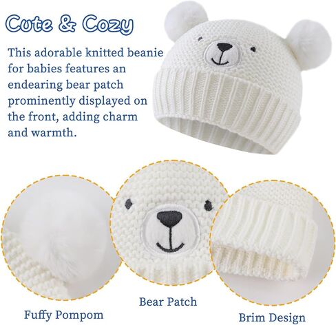JANGANNSA Cute Bear Baby Beanie Pompom Baby Boys Hat Infant Toddler Winter Knitted Beanies for Girls in Kuwait