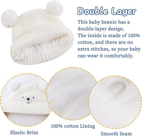 JANGANNSA Cute Bear Baby Beanie Pompom Baby Boys Hat Infant Toddler Winter Knitted Beanies for Girls in Kuwait