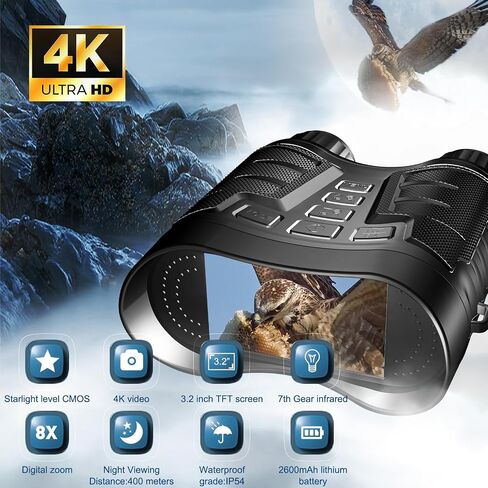 Full Color Night Vision Binoculars, 4K Starlight Infrared Night Vision Goggles for Adults, 3.2'' Large TFT Screen, 8X Digital Zoom, 32GB Card and Rechargeable Battery, Suitable for Hunting in Saudi Arabia