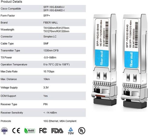 جهاز إرسال واستقبال 10G SFP + BIDI زوج لـ Cisco Meraki SFP-10G-BX40U-I Ubiquiti UF-SM-10G-S-U40 Mikrotik D-Link Netgear 10GBASE BiDi SFP + 1270nm و1330nm 40km DOM مفاتيح مفتوحة أخرى in Kuwait