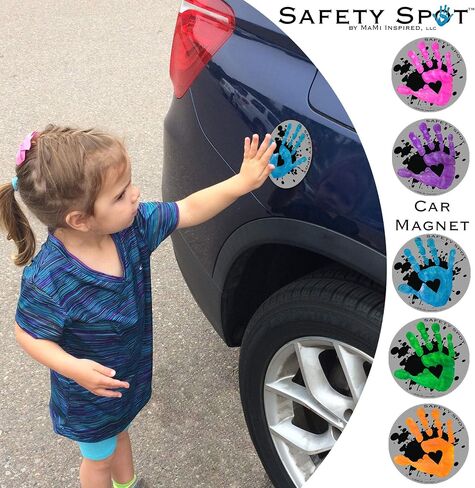 Magnet - Kids Handprint for Car Parking Lot Safety - Gray Background with Splat (Blue) in Saudi Arabia
