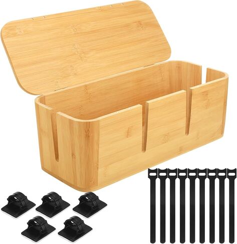 Large Cable Management Box with Magnetic Lid Wooden Bamboo Cord Box No Installation Cord Hider Box Wire Cord Organizer Box Power Strip Box for Home Office Desk TVs Computers Surge Protector in Kuwait