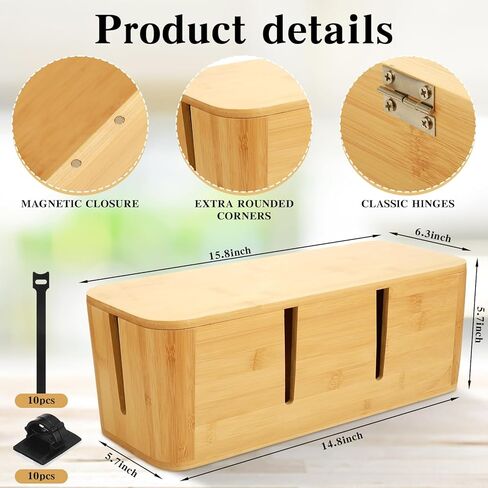 Large Cable Management Box with Magnetic Lid Wooden Bamboo Cord Box No Installation Cord Hider Box Wire Cord Organizer Box Power Strip Box for Home Office Desk TVs Computers Surge Protector in Kuwait