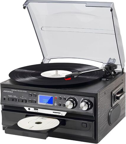 9 in 1 Record Player 3 Speeds Turntable with Seamless Bluetooth, Vinyl Phonograph with Built-in Powerful Speakers CD/Cassette, USB/SD/MMC, AM/FM Radio, AUX in/RCA Output, Black in Saudi Arabia