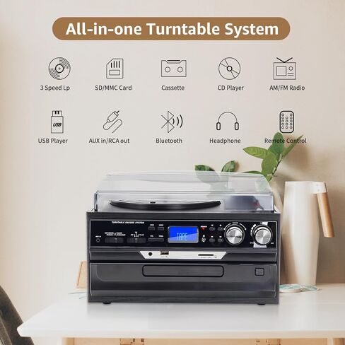 9 in 1 Record Player 3 Speeds Turntable with Seamless Bluetooth, Vinyl Phonograph with Built-in Powerful Speakers CD/Cassette, USB/SD/MMC, AM/FM Radio, AUX in/RCA Output, Black in Saudi Arabia