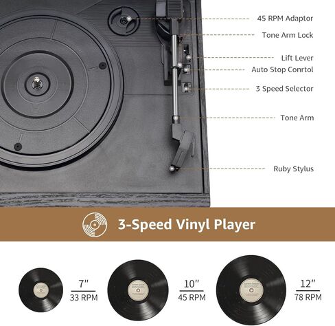 9 in 1 Record Player 3 Speeds Turntable with Seamless Bluetooth, Vinyl Phonograph with Built-in Powerful Speakers CD/Cassette, USB/SD/MMC, AM/FM Radio, AUX in/RCA Output, Black in Saudi Arabia
