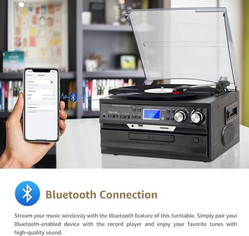 9 in 1 Record Player 3 Speeds Turntable with Seamless Bluetooth, Vinyl Phonograph with Built-in Powerful Speakers CD/Cassette, USB/SD/MMC, AM/FM Radio, AUX in/RCA Output, Black in Saudi Arabia