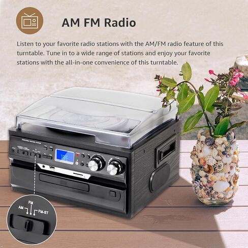 9 in 1 Record Player 3 Speeds Turntable with Seamless Bluetooth, Vinyl Phonograph with Built-in Powerful Speakers CD/Cassette, USB/SD/MMC, AM/FM Radio, AUX in/RCA Output, Black in Saudi Arabia