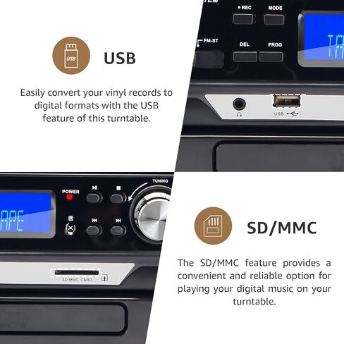 9 in 1 Record Player 3 Speeds Turntable with Seamless Bluetooth, Vinyl Phonograph with Built-in Powerful Speakers CD/Cassette, USB/SD/MMC, AM/FM Radio, AUX in/RCA Output, Black in Saudi Arabia
