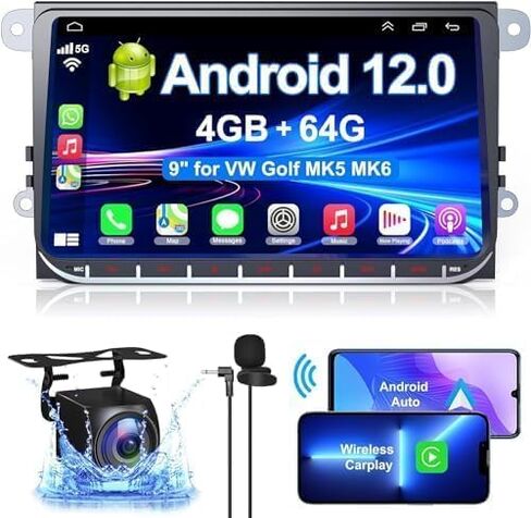 [4+64G] ستيريو سيارة Android لسيارة Volkswagen VW Passat/Golf/Polo/Jetta يدعم Carplay اللاسلكي وAndroid Auto، شاشة لمس 9 بوصة IPS وراديو VW مع نظام تحديد المواقع العالمي، واي فاي، راديو FM + كاميرا احتياطية AHD + ميكروفون in Saudi Arabia