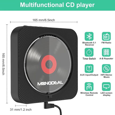 Portable CD Player with BT, MONODEAL Wall Mounted BT CD Player with Built-in Dual Speakers, CD Player for Car with AUX Input Output, Support Display cd Play Mode at Night in Kuwait