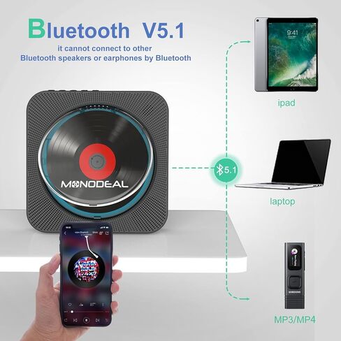 Portable CD Player with BT, MONODEAL Wall Mounted BT CD Player with Built-in Dual Speakers, CD Player for Car with AUX Input Output, Support Display cd Play Mode at Night in Kuwait