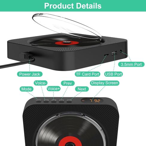 Portable CD Player with BT, MONODEAL Wall Mounted BT CD Player with Built-in Dual Speakers, CD Player for Car with AUX Input Output, Support Display cd Play Mode at Night in Kuwait