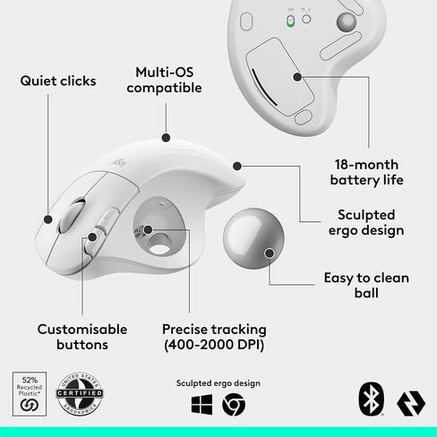 Logitech Ergo M575S Wireless Trackball Mouse, Wireless Ergonomic Mouse with Bluetooth and Encrypted Dongle, Comfortable Thumb Control, Precise and Smooth Tracking, for PC/Mac - Off- White Silver Ball in Saudi Arabia