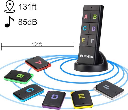 Retekess TH104 Key Finder، محدد موقع العنصر اللاسلكي، صوت صفير 85 ديسيبل، دعم جهاز التحكم عن بعد، نطاق عمل 131 قدم، 6 أجهزة استقبال للحيوانات الأليفة، المحفظة، تتبع المفاتيح in Saudi Arabia