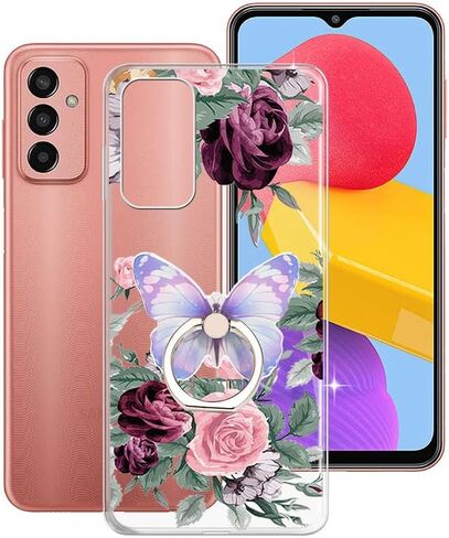 Phone Case for Samsung Galaxy F13 (6.6"), Full Body Soft TPU Shockproof Protection Case with 360° Rotation Ring Kickstand Anti-Scratch Bumper Back Cover for Samsung Galaxy F13 - Rose Flower in Kuwait