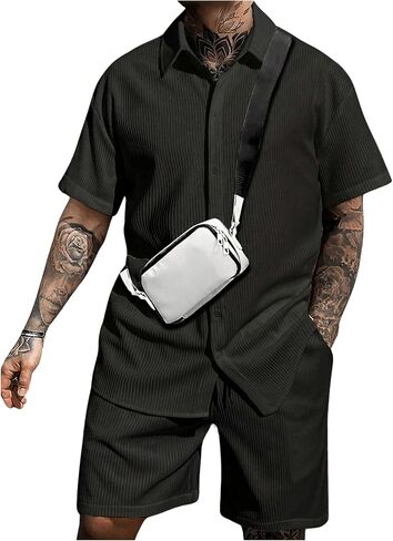 GORGLITTER Men's 2 Piece Set Knit Summer Outfit Casual Button Down Dress Shirt and Drawstring Waist Shorts Set in Saudi Arabia