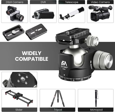 رأس كروي ثلاثي القوائم DX40، حامل رأس كروي عالي التحمل مقاس 40 مم، رأس كروي بانورامي CNC مع لوحتين سويسريتين للتحرير السريع من Arca للكاميرا حامل ثلاثي القوائم Monopod DSLR، أقصى حمل 44 رطل/20 كجم in Saudi Arabia