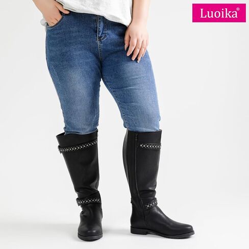 Luoika Women's Extra Wide Calf Knee High Boots, Chunky Low Heel Plus Size Boots Motocycle Ridding Boots. in Kuwait