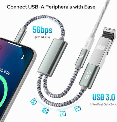 محول كابل Basesailor USB C OTG مع مصدر طاقة، شحن من النوع C إلى 100 واط PD وشاحن مقسم USB 3.0، Thunderbolt 3 لهاتف iPhone 16 15 Pro، Google TV Chromecast 2020، MacBook، iPad Air 4 5، S24 S23 in Kuwait
