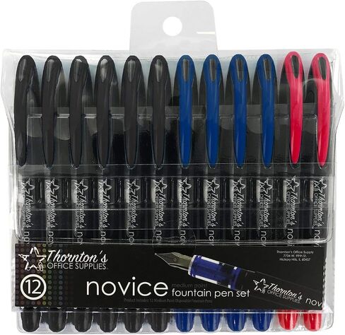 Thornton's Office Supplies Novice Disposable Fine Point Assorted Business Colors Fountain Pens Pack of 12 TOS-DFPBAST12F Journaling and Calligraphy Pen for Smooth Writing - Gift for Beginner Artist in Saudi Arabia