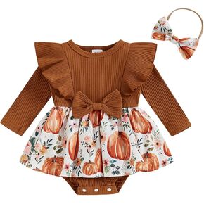 Madjtlqy Halloween Baby Girl Outfit Romper Dress 0 3 6 9 12 18 Months Pumpkin Bat Floral Print Clothes + Headband