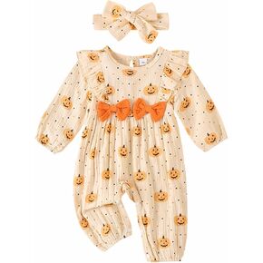 Kayotuas Newborn Baby Girl Halloween Outfit Ruffle Long Sleeve Pumpkin Romper Jumpsuit with Headband Fall Halloween Clothes