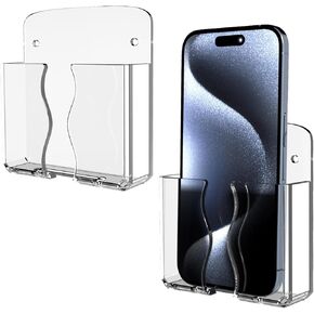 Wall Mounted Phone Holder, Clear Phone Stand Self Adhesive with Charging Hole Compatible with iPhone and Android Smartphone Phone Cradle Bedside Organizer Remote Control Stand for Home Office 2-Pack