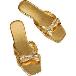 GORGLITTER Women's Gold Sandals Dressy Metallic Strappy Flat Sandals Square Open Toe Slip on Slides