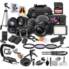 Sony ZV-E10 + 16-50mm Lens, LED Light, Microphone, 128GB Extrem Speed, U-Grip, Filters, Tripod, Case, Software, & More – Pro Video Bundle (38pc) in Saudi Arabia