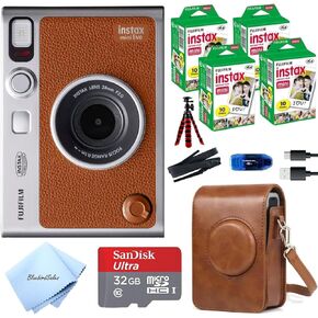 Fujifilm Instant Mini EVO Hybrid Camera Bundle: 40 Instant Mini Film Sheets + 32GB SD Memory Card + Carrying Case + Flex Tripod + BluebirdSales Cleaning Cloth (Brown)