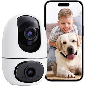 virtavo EggsFlask Indoor Security Camera, 1080P Dual-Lens & Screen, Home Security Baby Monitor/Pet Cam, Pan/Tilt/Zoom, AI Motion Tracking, Phone Alerts, 2-Way Audio, Night Vision, Cloud & SD Storage