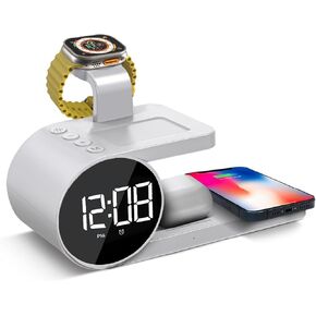 Brookstone 4-in-1 Wireless Charging Station: Stylish | Compatible for iPhone 15,14,13,12 Pro Max Series, All iWatch Series, Compatible with Airpods 3,2 Pro| Wireless Charging Station with Clock.