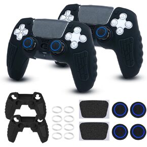 ECHZOVE PS5 Controller Cover Case, Anti-Slip Silicone Cover Skin for PS5 Controller with Thumb Grip Caps, Joystick Protectors and Cover Wrap Sticker(2 Packs) AllBlack