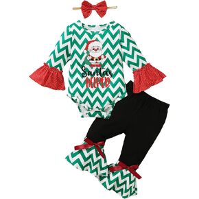 Baby Girl Christmas Day Outfit Newborn Xmas Clothes Santa Claus Flare Pant Outfit Santa's Helper Bodysuit