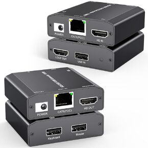 HDMI KVM USB Extender Over Cat 6/7 1080P@60Hz KVM Extender 150M/492FT HDMI Over Ethernet Transmitter Receiver Support Keyboard Mouse,No Latency POC Function Single Power Supply