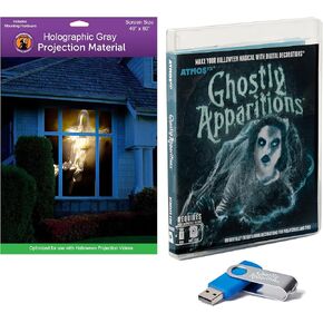 AtmosFX Ghostly Apparitions USB + 40" x 60" Gray Window Holographic Screen for Halloween Projection
