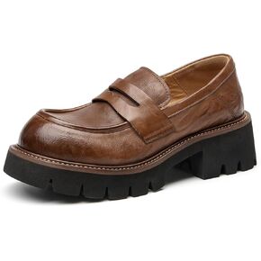 BEAU TODAY Platform Loafers for Women, Women’s Chunky Leather Loafers, Slip-on Lug Sole Penny Loafers Comfortable Business Casual Office Non Slip Round Toe Ladies Dress Shoes
