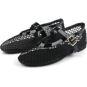 JOY IN LOVE Mesh Ballet Flats for Women Buckle Strap Round Toe Mary Jane Shoes