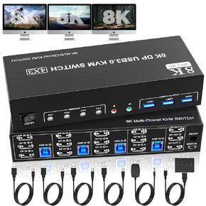 8K@60Hz DisplayPort 3 Monitors 4 Computers KVM Switch, DP 1.4 KVM Switch 4K@144Hz Triple Monitor for 4 Computer with Audio and 3 USB 3.0 Ports, KVM Triple Monitor Keyboard Mouse Switcher