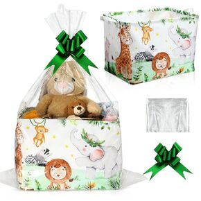 Safari Animal Gift Baskets with Cellophane Bag and Bow Collapsible Nursery Storage Bins Animal Gift Baskets for Shower Pregnancy Announcement Newborn Parents Gift