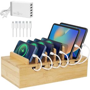 Bamboo Charging Station for Multiple Devices (Includes 5 Port USB Charger, 6 x Charge Cables), Upgrade Desk Docking Stations Organizer for Apple Devices, Tablets, Laptop Holder Stand